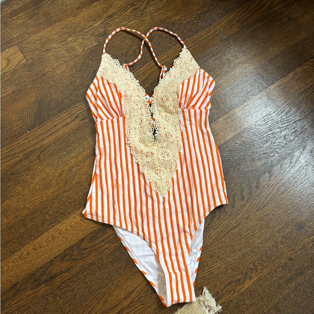 Orange and white striped one piece swimsuit